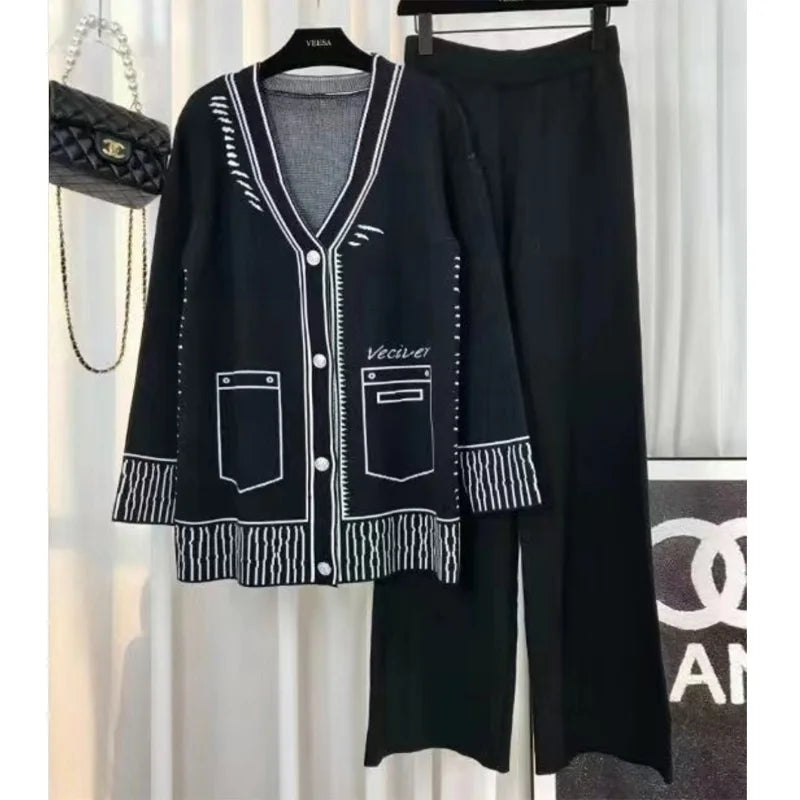 Autumn Winter Small Fragrance Knitted Two Piece Set Women Cardigan Coat + Pant Suits Fashion Casual Tracksuit 2 Piece Pant Sets