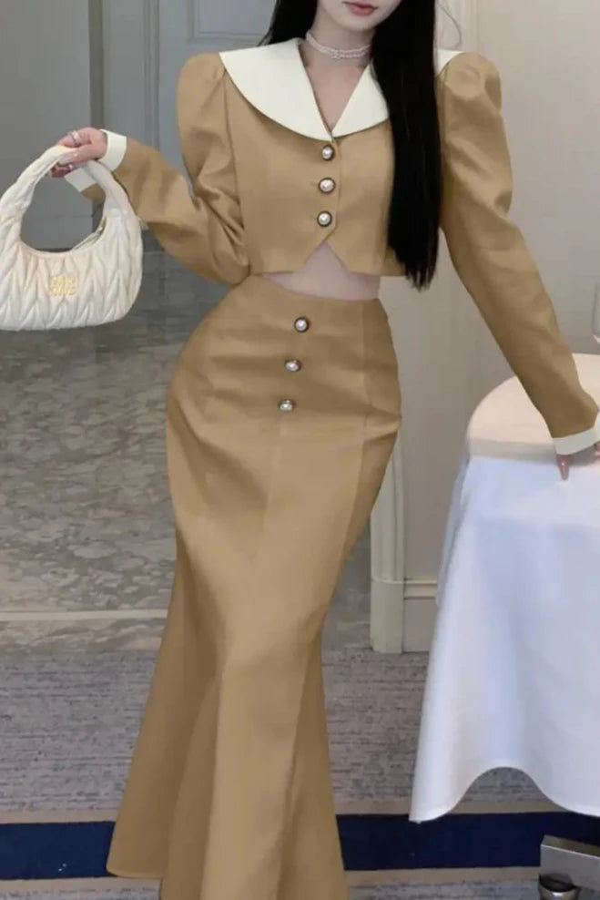Elegant Two Piece Set Long Sleeve Short Coat + High Waist Mermaid Skirt High Quality