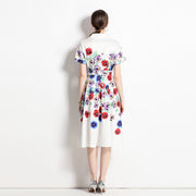 High Quality Belted Floral Print Short Sleeve Notched Neck Short Sleeve Vintage Flower Shirt Dress