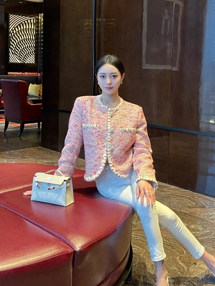 Spring New Women Slim Fit Spliced Tweed Jacket French Style Office Lady Work Outwear Coat O Neck Pockets Crystal Buttons Jacket