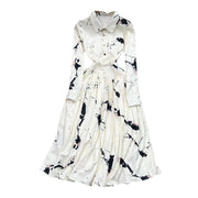 High Quality Satin Ink Print Polo Neck Long Sleeve A-Line Shirt Dress