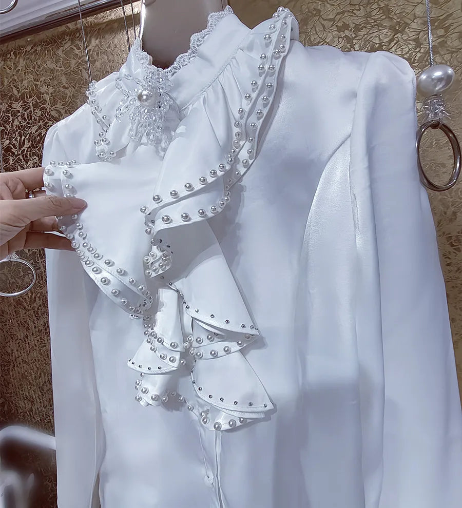 High quality pearl collar long sleeve white shirt