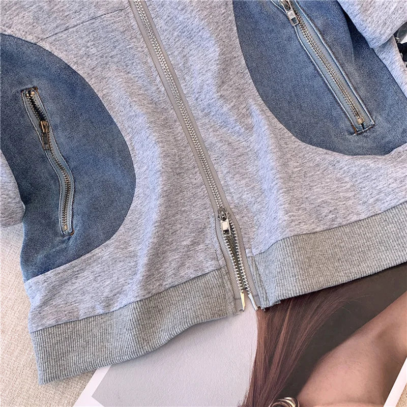 Summer New Stitched Zipper T-shirt top Female Set Elegant Women's Jeans Casual Blouse Two Piece Set Ladies Tracksuits big