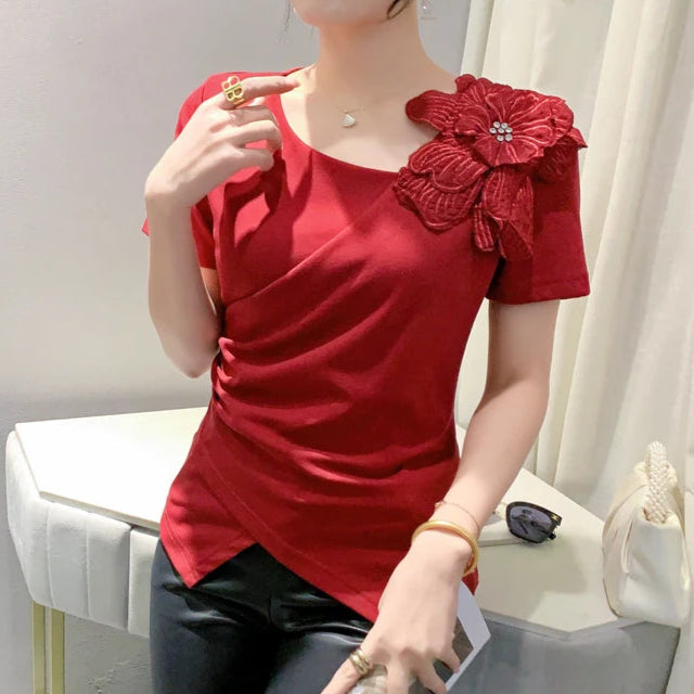 High Quality Pleated Cross Slash Neck Short Sleeve T-shirts