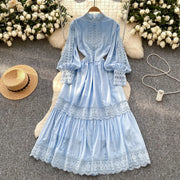 Elegant French vintage style high neck long sleeve evening dress with high quality lace openwork and splicing