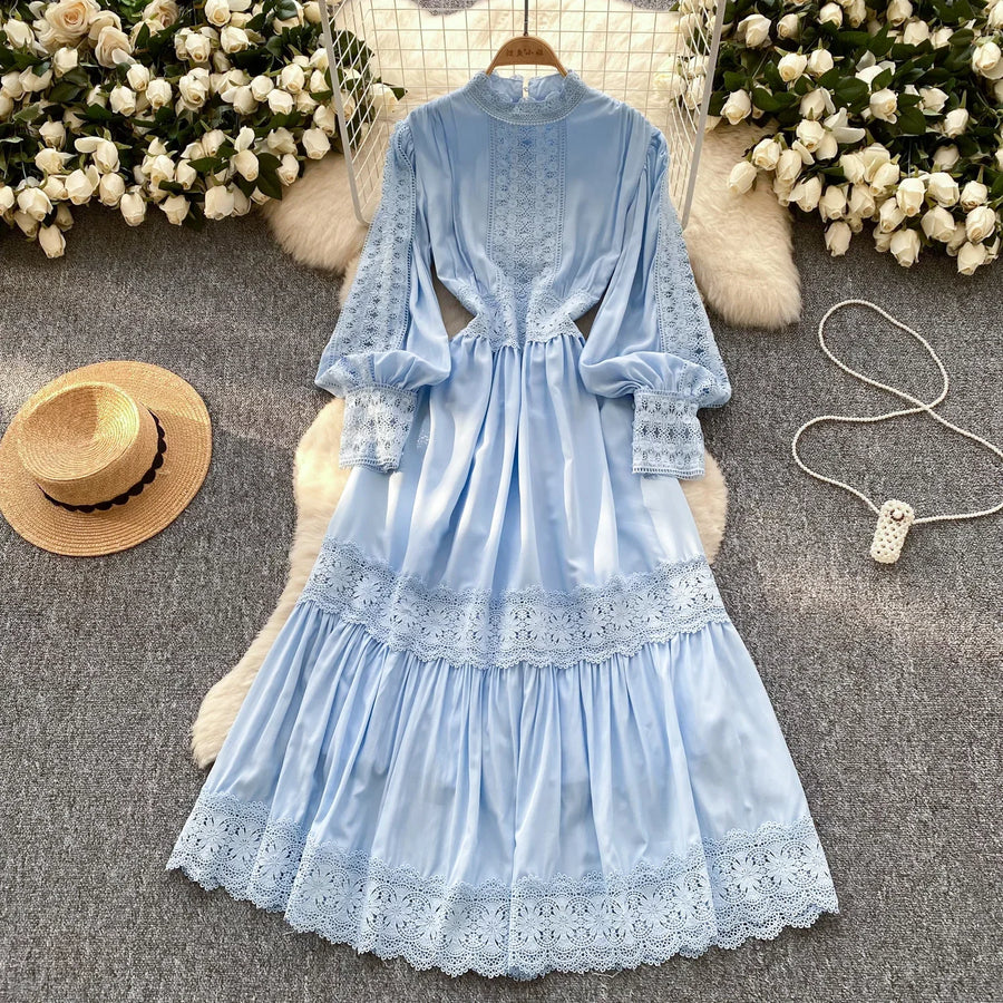 Elegant French vintage style high neck long sleeve evening dress with high quality lace openwork and splicing