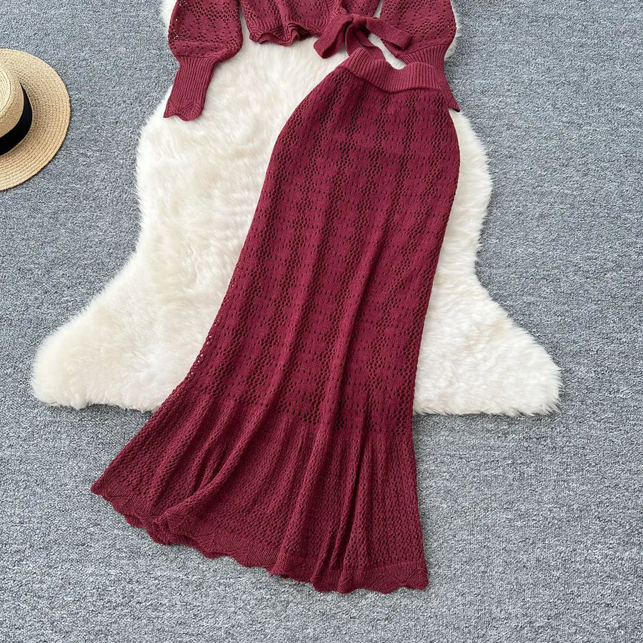 Two Piece Sets Women Skirt Set Full Sleeve Tops Long Skirts A Line High Waist  Streetwear Hollow Out Knit Work Autumn