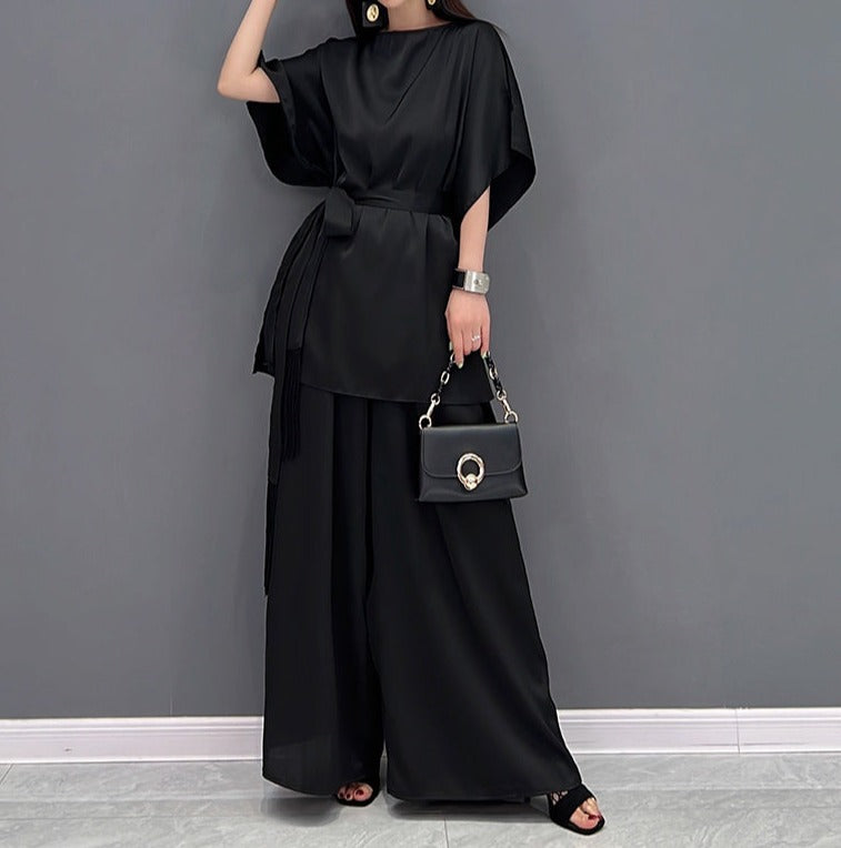 2 Piece Set Stylish Half Sleeve Blouses + With High Quality Wide Leg Long Pants