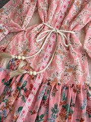 High Neck Long Flare Sleeve Belted High Quality Flower Dress