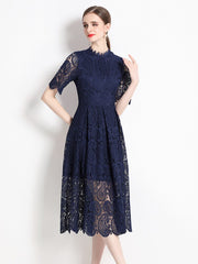 High Quality Hollow Out Short Sleeve Vintage Solid Midi Length Embroidery Lace Elegant Dresses