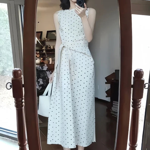 White Sleeveless Vest Dots Dress Summer New Beautiful Waist Cinching Slimming Long Skirt Commute Style Tie Waist Regular Fit