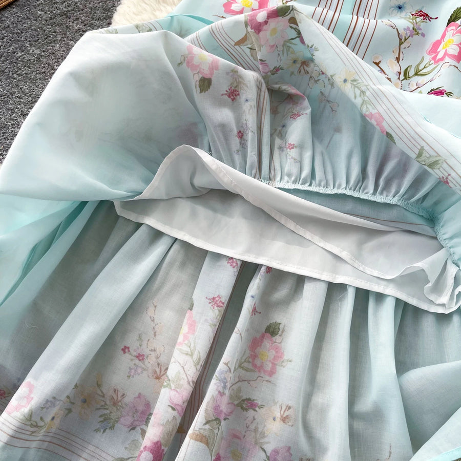 Mint Green Floral Print Sleeveless A-Line Dress Women Summer High Waist Simple Pure Desire Style Commute Suitable City Outfit