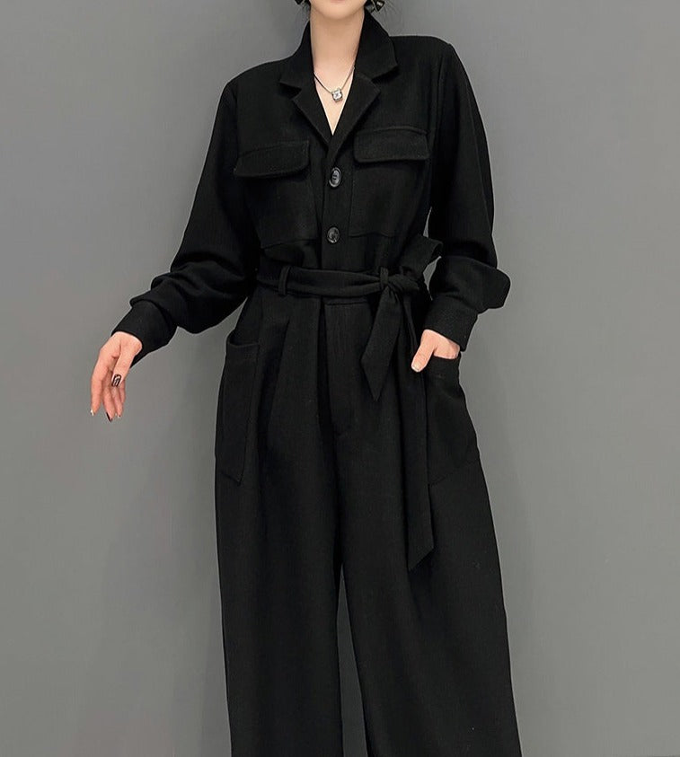 High Quality Loose Wide Leg Long Sleeve Solid Color One Piece Jumpsuit