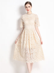 High Quality Hollow Out Short Sleeve Vintage Solid Midi Length Embroidery Lace Elegant Dresses
