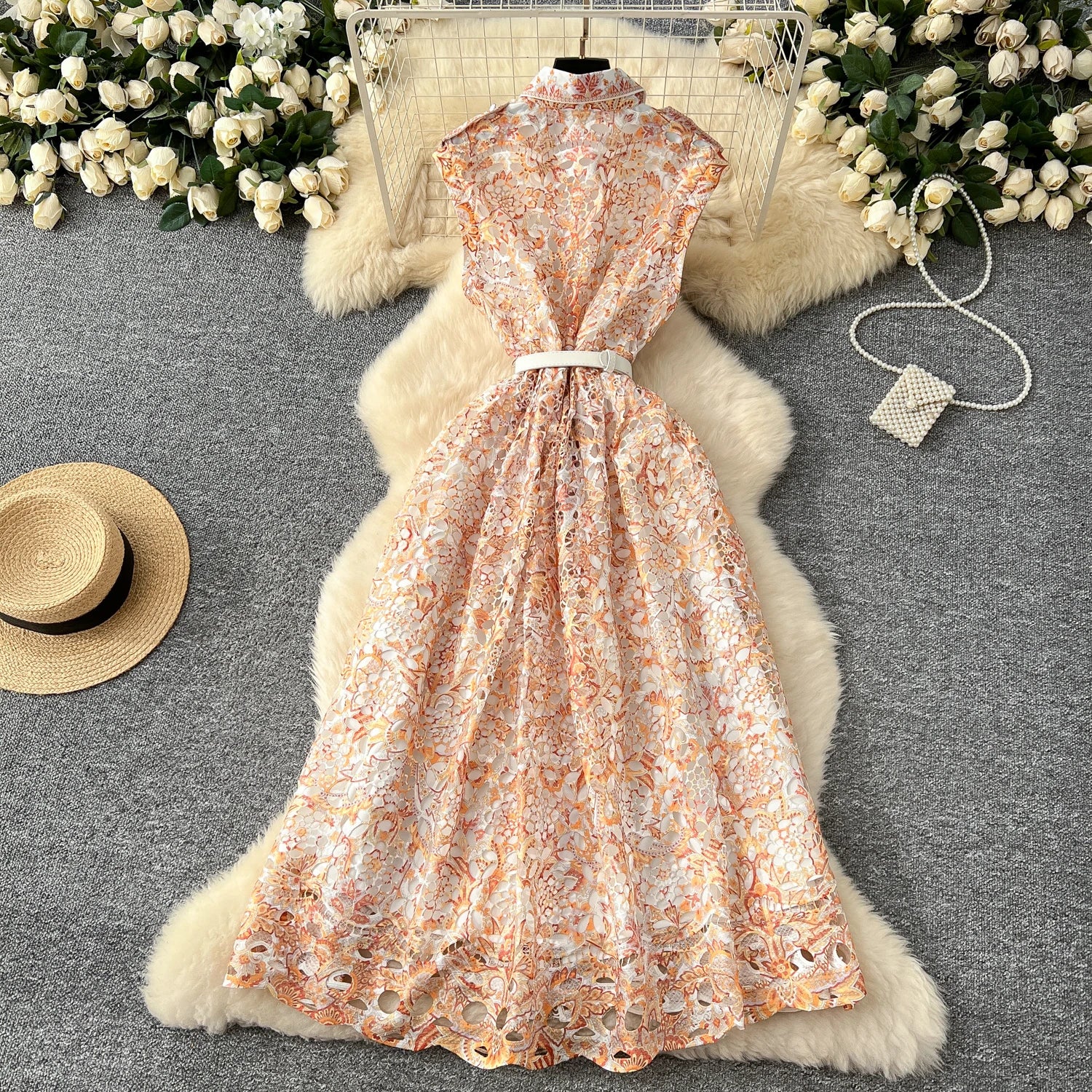 Elegant vintage button-down midi dress with high-quality print