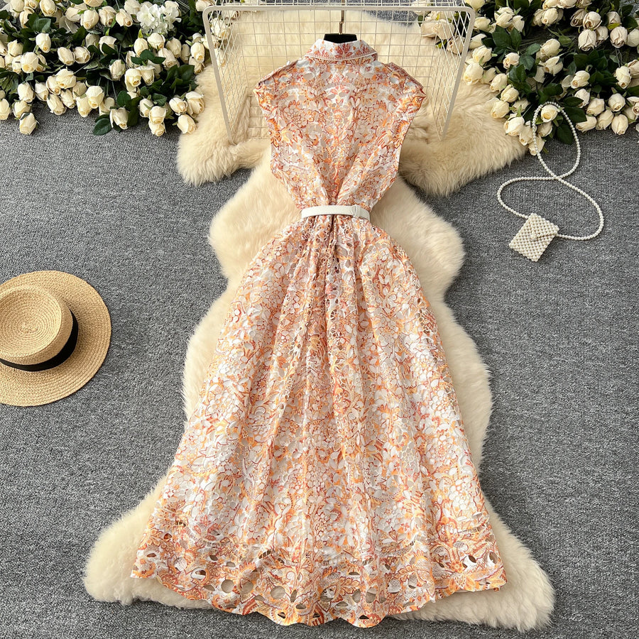 Elegant vintage button-down midi dress with high-quality print