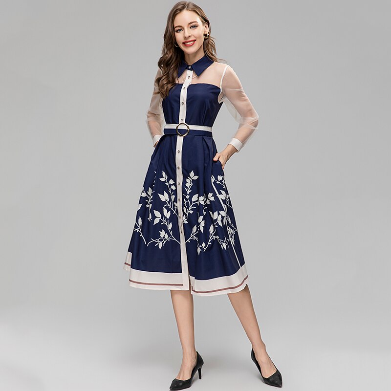 High Quality Turn-down Collar Perspective Long Sleeve Button Slit Midi Vintage Print Dress