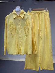 Spring Summer Women Embroidered Linen Sets Loose Fit Long Sleeve Shirt Outfits Elastic Waist Wide Leg Floor Pants Two Piece Set