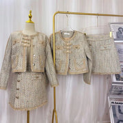 Women Winter Elegant Vintage Tweed Fragrant Suit Jacke Coat Top And Skirt Two Piece Set Outfit Jacquard Formal Party Clothing
