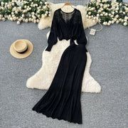 Two Piece Sets Women Skirt Set Full Sleeve Tops Long Skirts A Line High Waist  Streetwear Hollow Out Knit Work Autumn