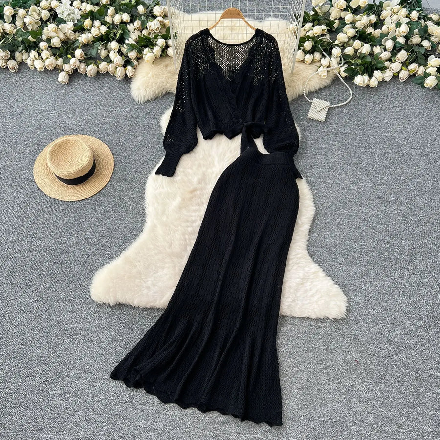 Two Piece Sets Women Skirt Set Full Sleeve Tops Long Skirts A Line High Waist  Streetwear Hollow Out Knit Work Autumn