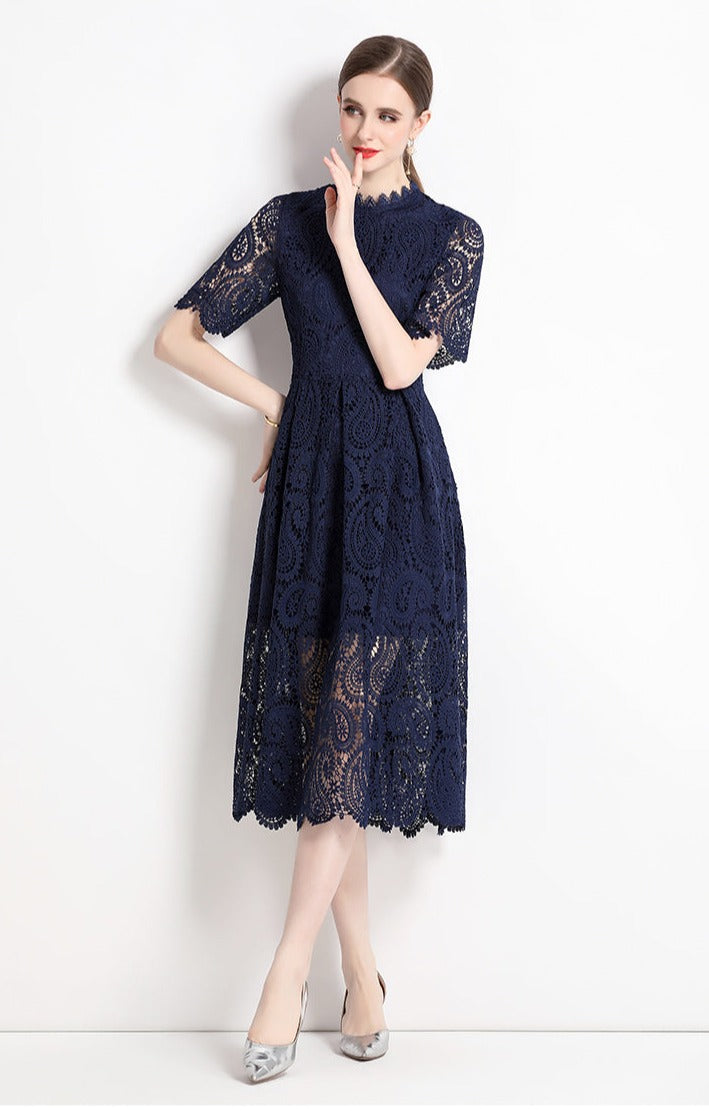 High Quality Hollow Out Short Sleeve Vintage Solid Midi Length Embroidery Lace Elegant Dresses