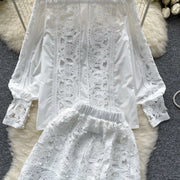 Retro Two Piece Set Hollow Out Long Sleeve Shirt+High Quality Mini Skirts