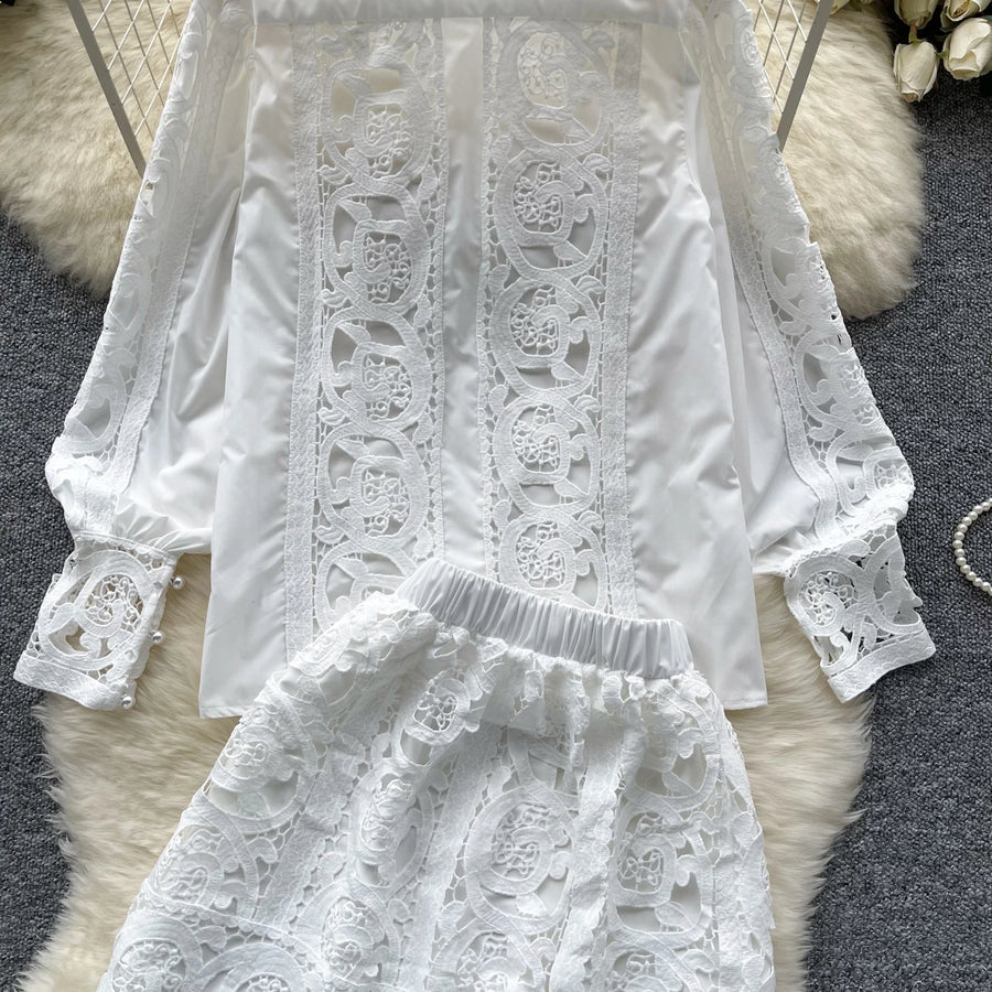 Retro Two Piece Set Hollow Out Long Sleeve Shirt+High Quality Mini Skirts