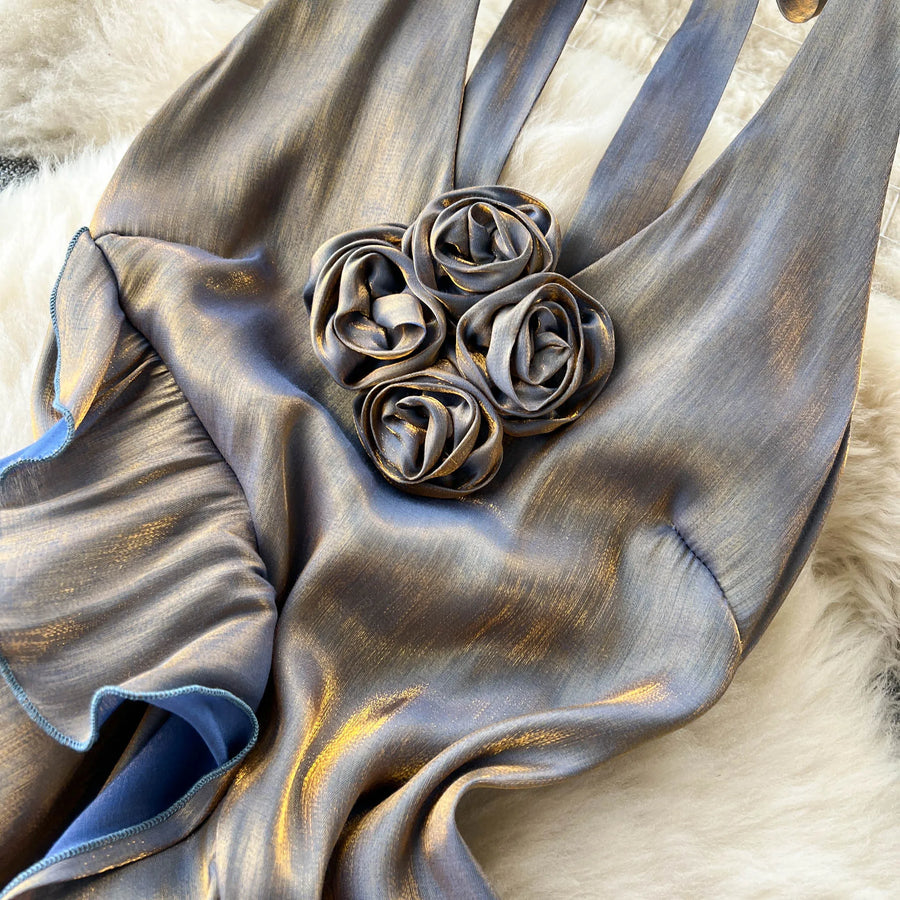 Elegant Floral Ruffles Sleeveless Backless Bodycon High Waist High Quality Dress