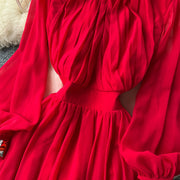 HIGH QUALITY Summer Retro Print Round Neck Flare Sleeve Elegant Pleated Dress