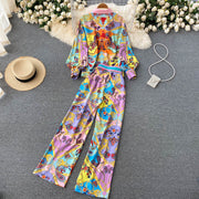 2 Piece Set Print Long Sleeve Button Down Shirt + High Quality Full Length Pant