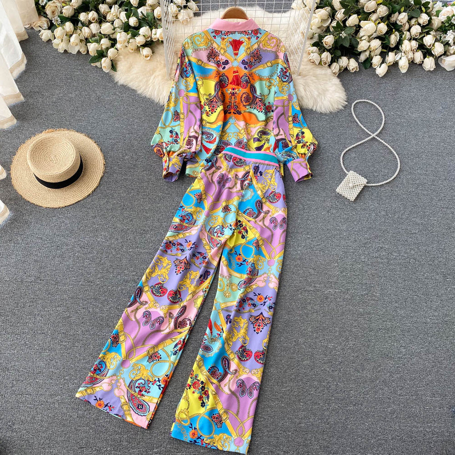 2 Piece Set Print Long Sleeve Button Down Shirt + High Quality Full Length Pant