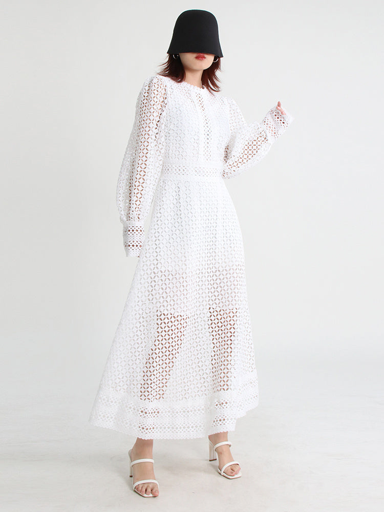 Vintage dresses round neck, flare sleeve, high waist, hollow out patchwork, high quality embroidery