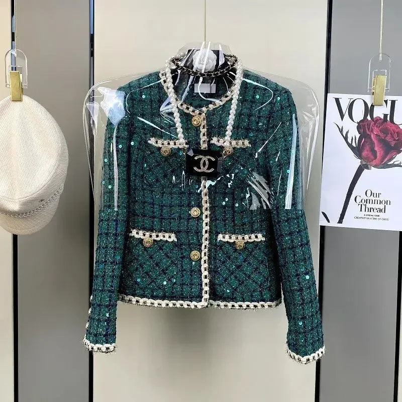 Women Elegant Vintage Tweed Fragrant Suit Jacke Coat Top And Skirt Two Piece Set Green Outfit Winter Jacquard Party Clothing