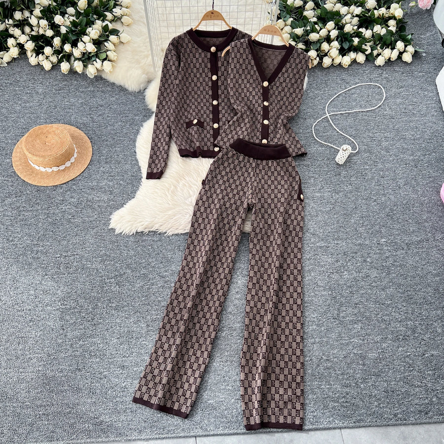 Three-piece sets knitted cardigans + high quality elastic long pants.