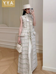 Autumn Winter Fashion Women Maxi Long Tweed Jacket Stand Collar Sleeveless Coat Wide Waisted Party Jacket Elegant Lady Designer
