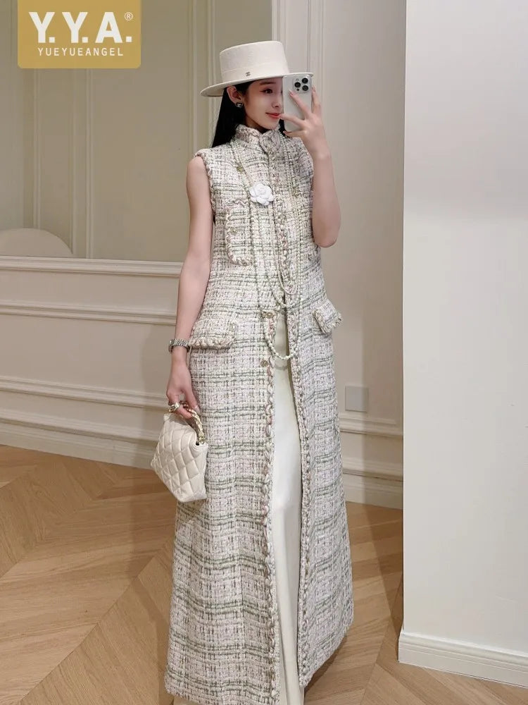 Autumn Winter Fashion Women Maxi Long Tweed Jacket Stand Collar Sleeveless Coat Wide Waisted Party Jacket Elegant Lady Designer