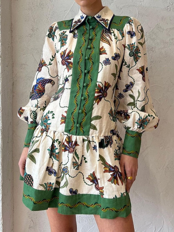 High Quality Single Breasted Long Flare Sleeve Loose Flower Print Pleated Mini Dress