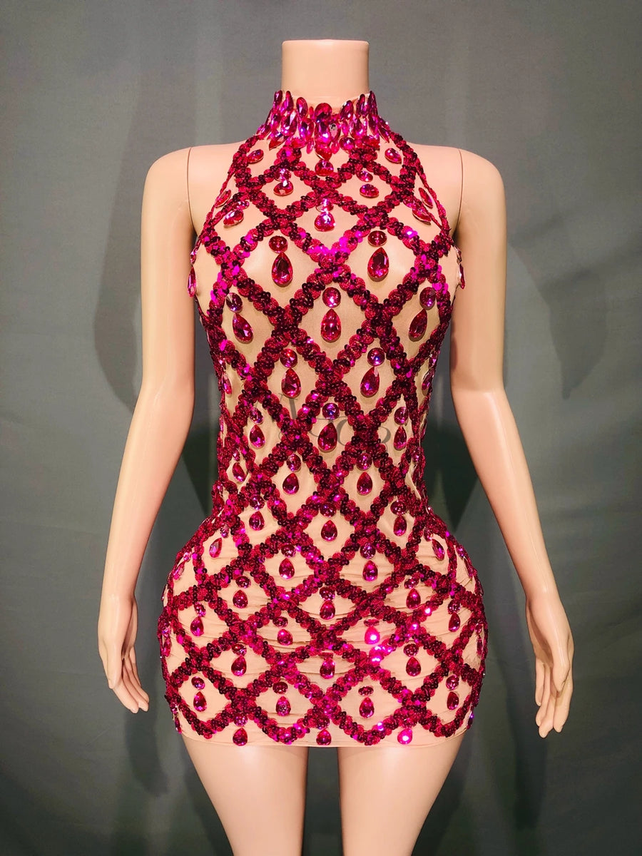 Sheer tight fit short dress with shiny pink sequins and diamonds