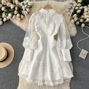 Vintage Flowers Embroidered Hollow Out Lace Dress High Neck Long Lantern Sleeve High Quality Pearl Buttons