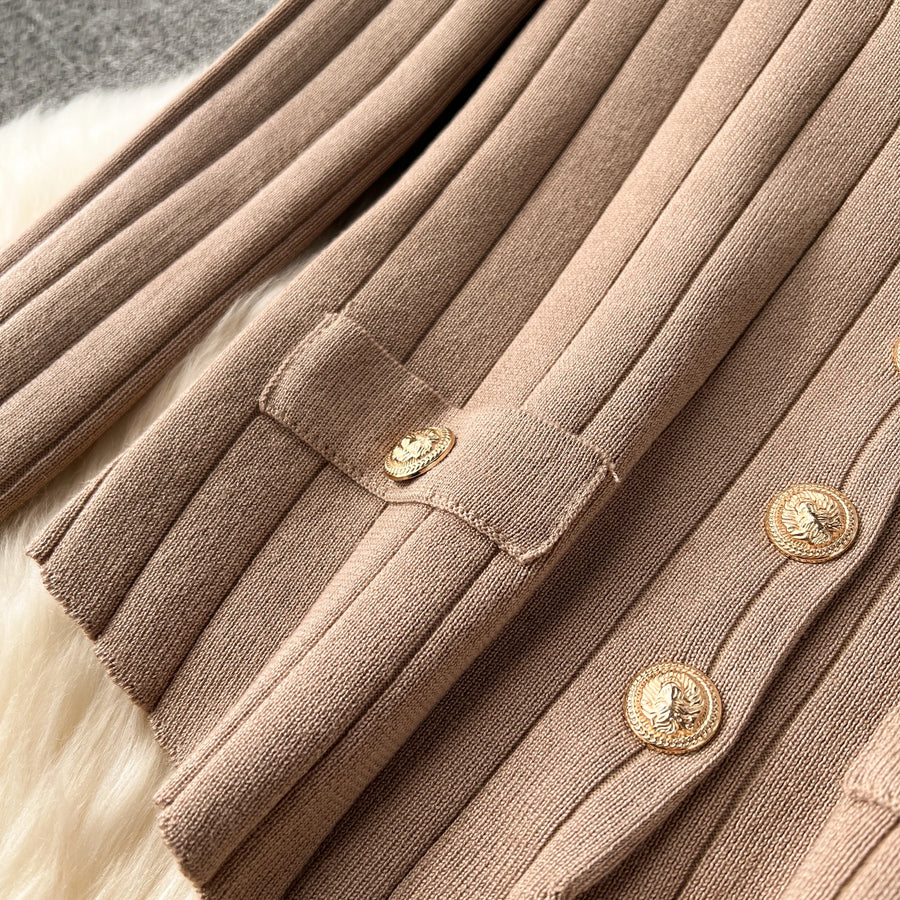 Senior Knitted Suits Fashion Metal Button Vest+V Neck Long Sleeves Cardigans+Wide Legs Pants Stripe Three Pieces Sets