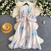 Lace Chiffon Floral Dress Maxi A-line Lantern Sleeve V Neck Spring Women Retro French Fairycore Elegant Vacation Dress