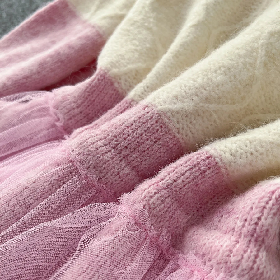 Elegant Knit Patchwork Two Pieces Sets Chic Vintage Cardigan High Waist Mesh Mermaid Skirt Casual Vacation Sets