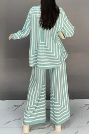 High quality striped long sleeve top+loose pants two piece set