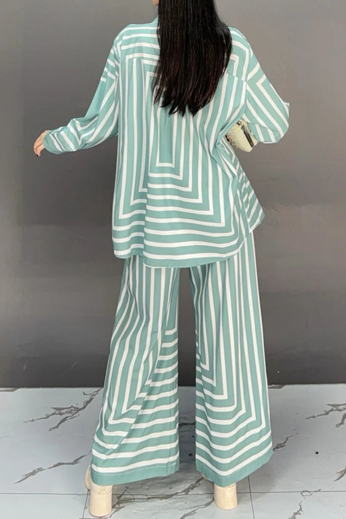 High quality striped long sleeve top+loose pants two piece set
