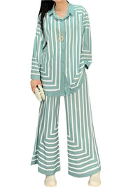 High quality striped long sleeve top+loose pants two piece set