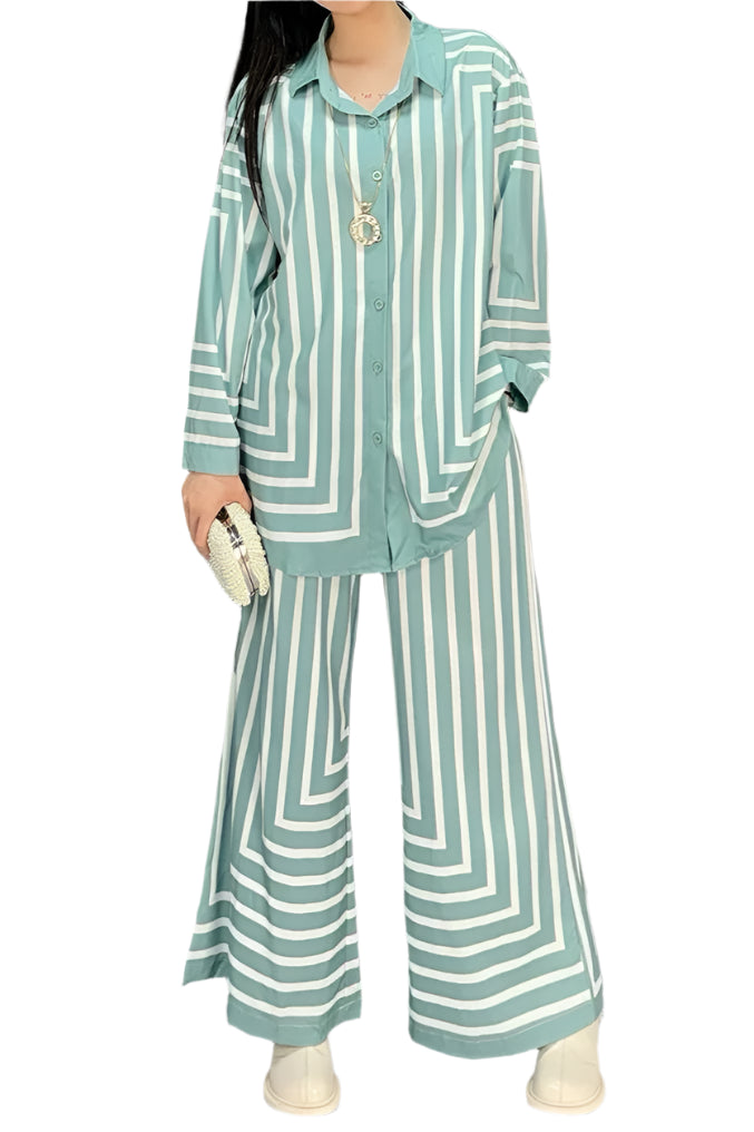 High quality striped long sleeve top+loose pants two piece set