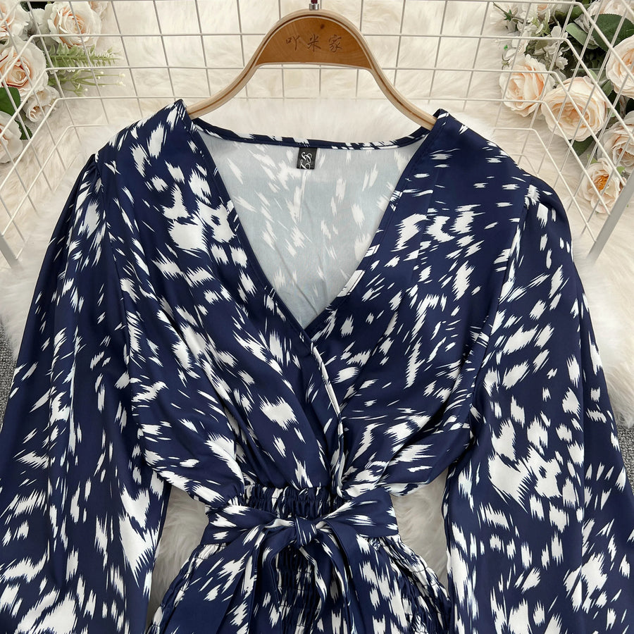 Retro Sweet V Neck Slim Lace -up Print Autumn Summer Elegant Elastic Dress A-line Long Sleeve Vacation Women Mermaid Dresses