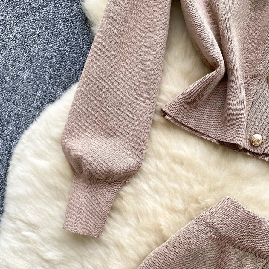 High quality two piece outfits with long sleeves and turn-down collar, buttons and pencil skirt