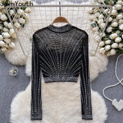 Fashion Tshirts Women's Clothing Heavy Diamond Tunic Tees  Ropa Mujer Crop Tops Sexy See Throught Gauze T Shirt Y2k T-shirt
